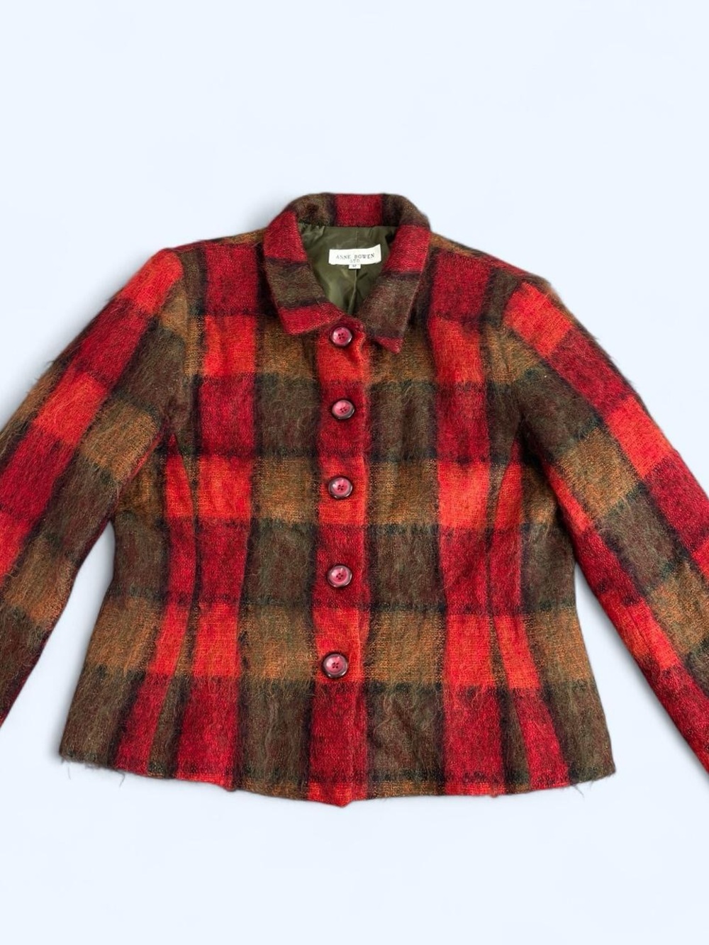 Anne Bowen VTG Mohair Red Plaid Blazer 
Size 12 Made in US 90s Fuzzy Jacket